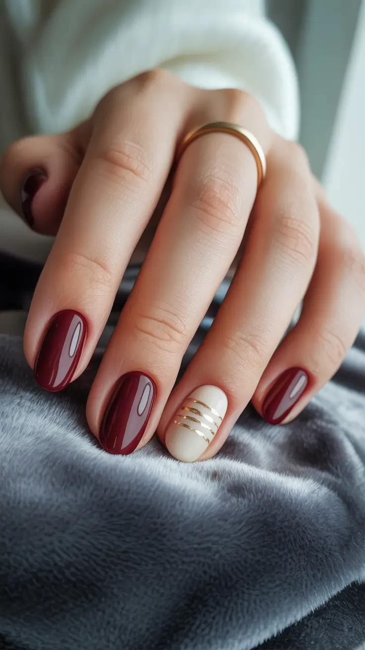Trendy Winter Burgundy Nails Colors 2025–2026 – Ivory-gold accent with wine oval tips