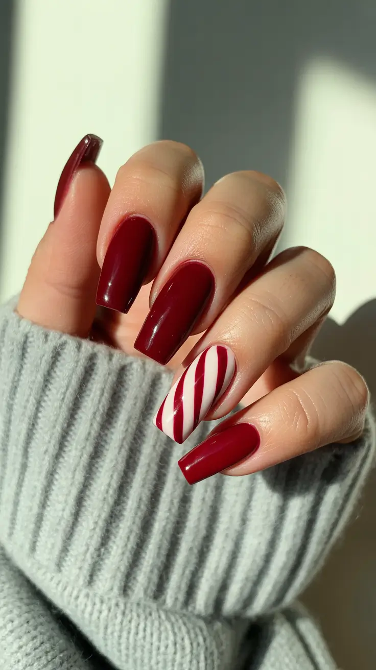 Trendy Winter Burgundy Nails Colors 2025–2026 - Candy-Cane Accent on Cabernet Squares