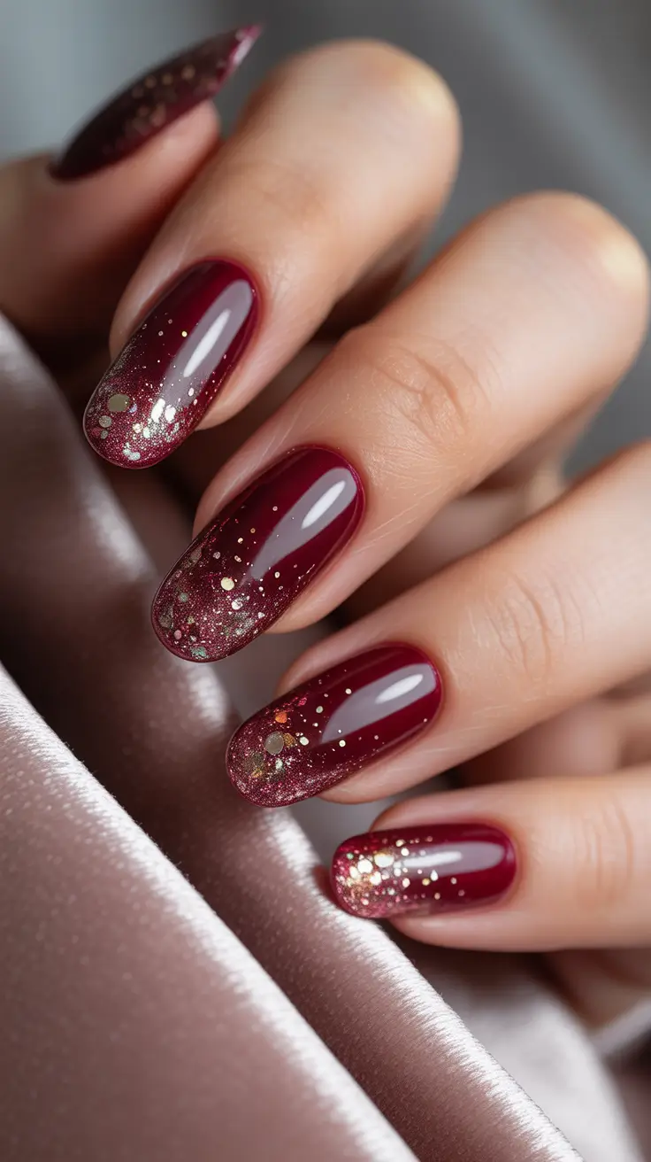 Trendy Winter Burgundy Nails Colors 2025–2026 - Gilded Berry Gradient Almonds