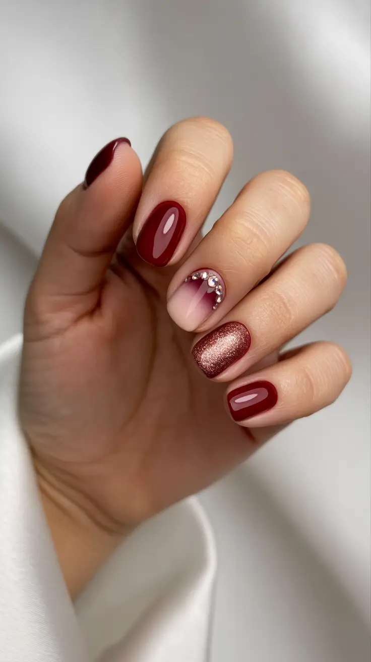 Trendy Winter Burgundy Nails Colors 2025–2026 – Crystal moon accent with copper sparkle