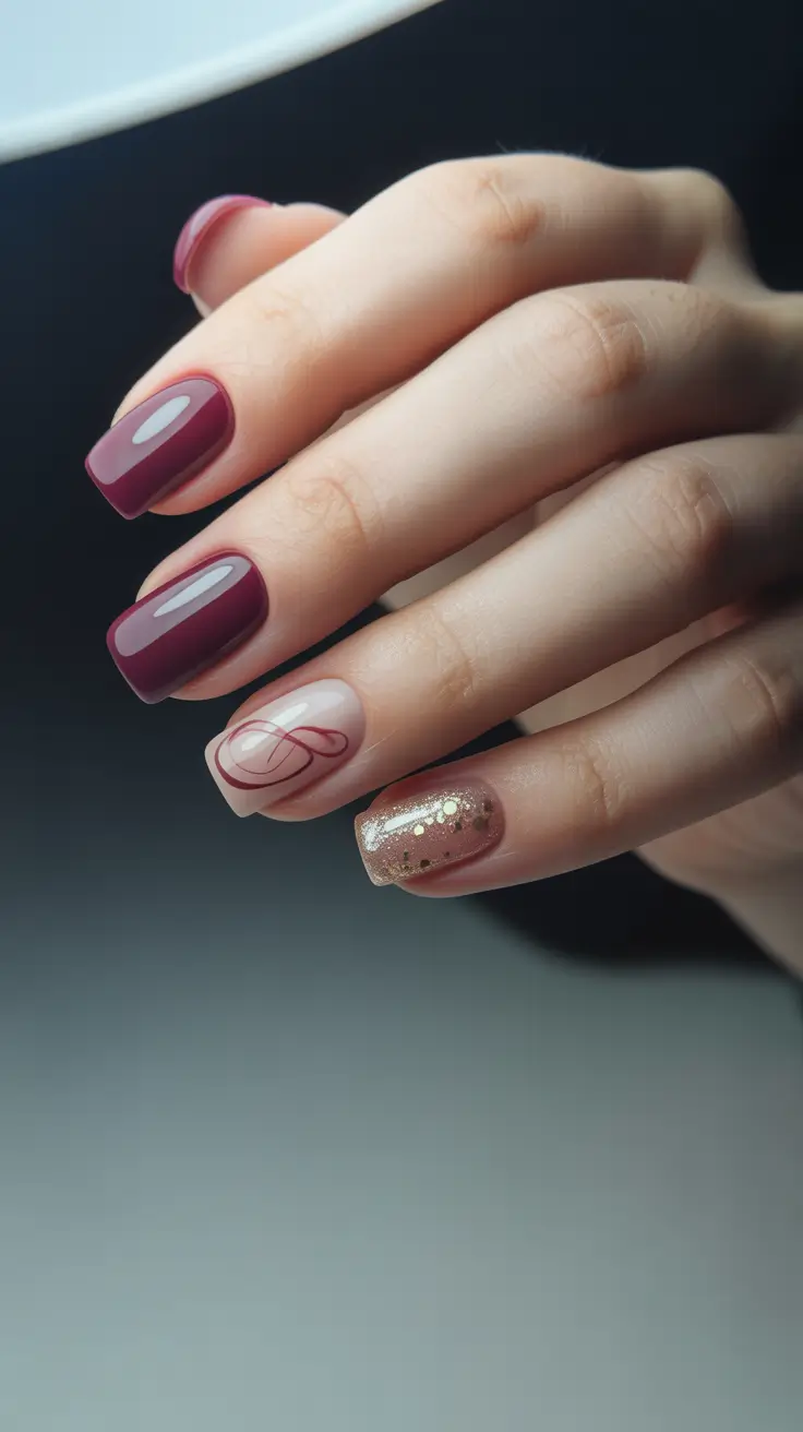 Trendy Winter Burgundy Nails Colors 2025–2026 – Minimalist Swirls with Champagne Confetti
