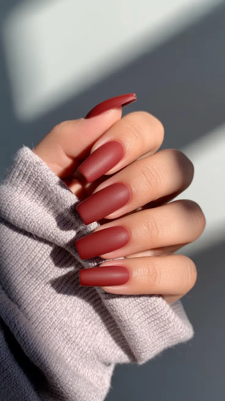 Trendy Winter Burgundy Nails Colors 2025–2026 - Velvet Matte Cocoa Squares