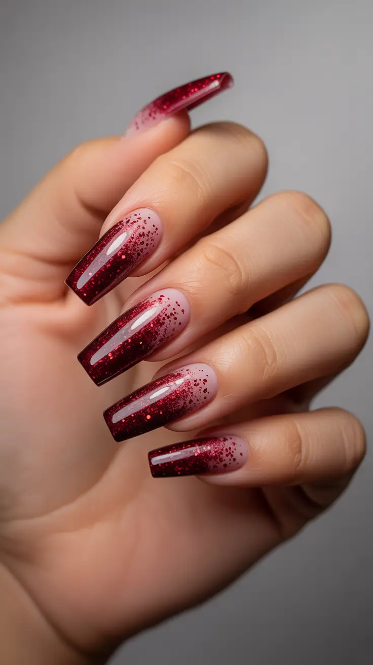 Trendy Winter Burgundy Nails Colors 2025–2026 - Ruby Ombre Glitter Coffins