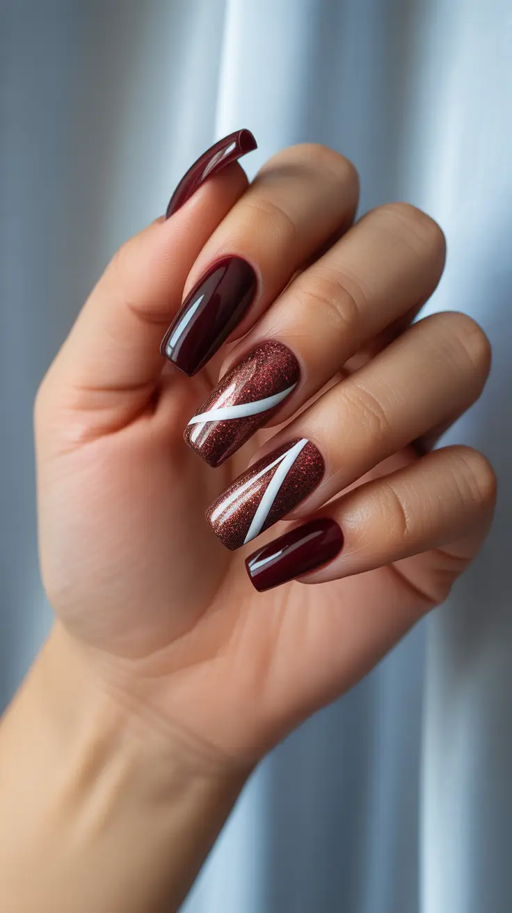 Trendy Winter Burgundy Nails Colors 2025-2026 - Garnet shimmer with minimalist white swirls