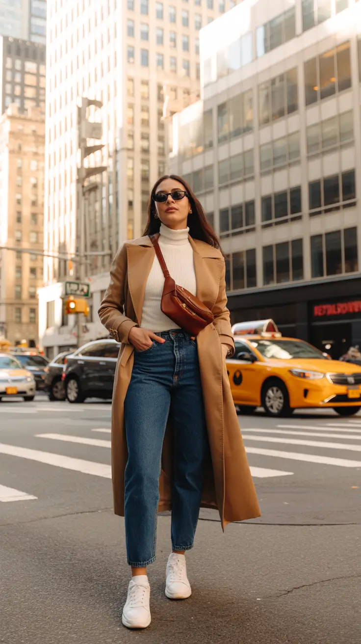 casual outfits for women 2026 - City Classic - Camel Coat, Denim, White Sneakers