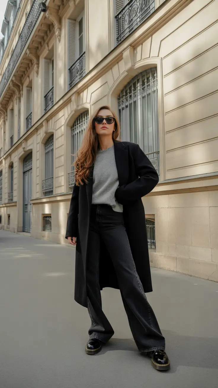 casual outfits for women 2026 - Grey Knit, Long Coat, Dark Denim