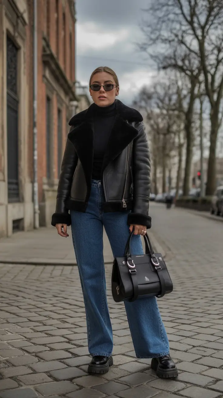 casual outfits for women 2026 - Shearling Moto And Wide Denim