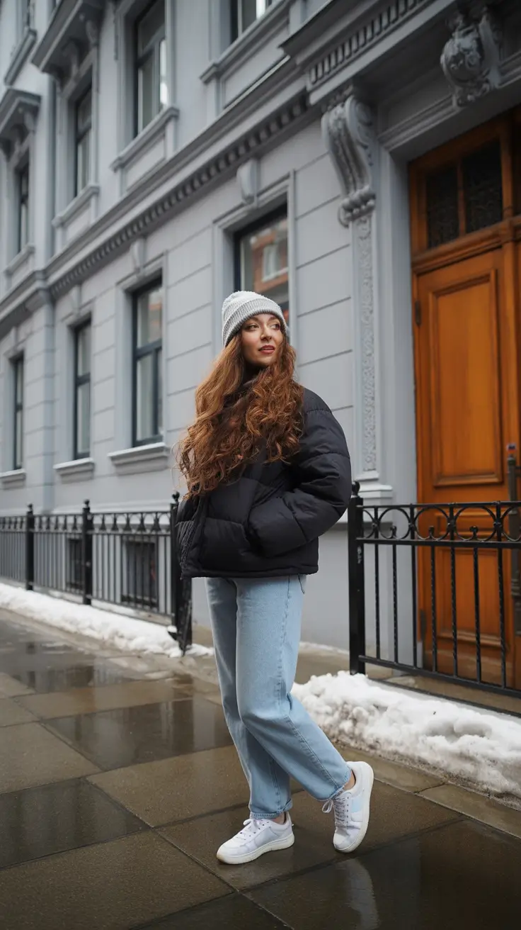 casual outfits for women 2026 - Black Puffer, Light Denim, White Kicks