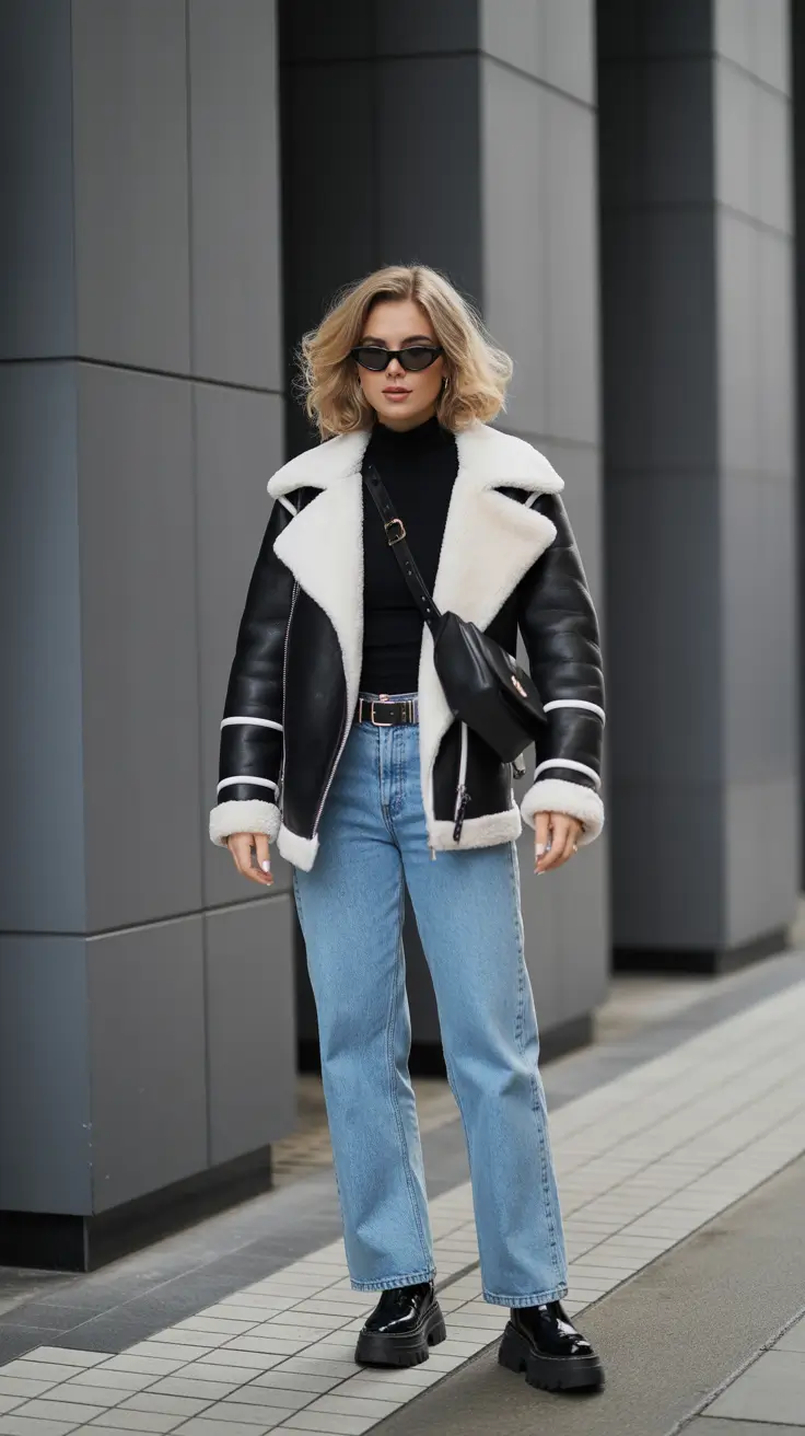casual outfits for women 2026 - Shearling Aviator + Straight Denim