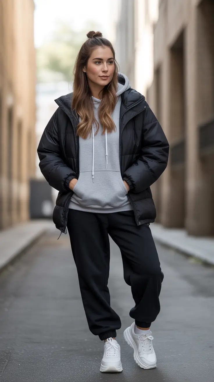 casual outfits for women 2026 - Puffer-and-Hoodie Off-Duty Set