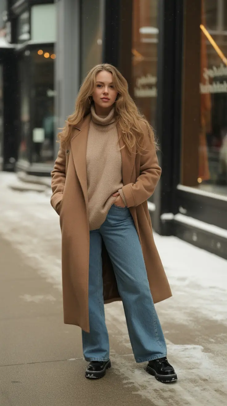 casual outfits for women 2026 - Camel Coat With Cozy Knit and Wide Denim