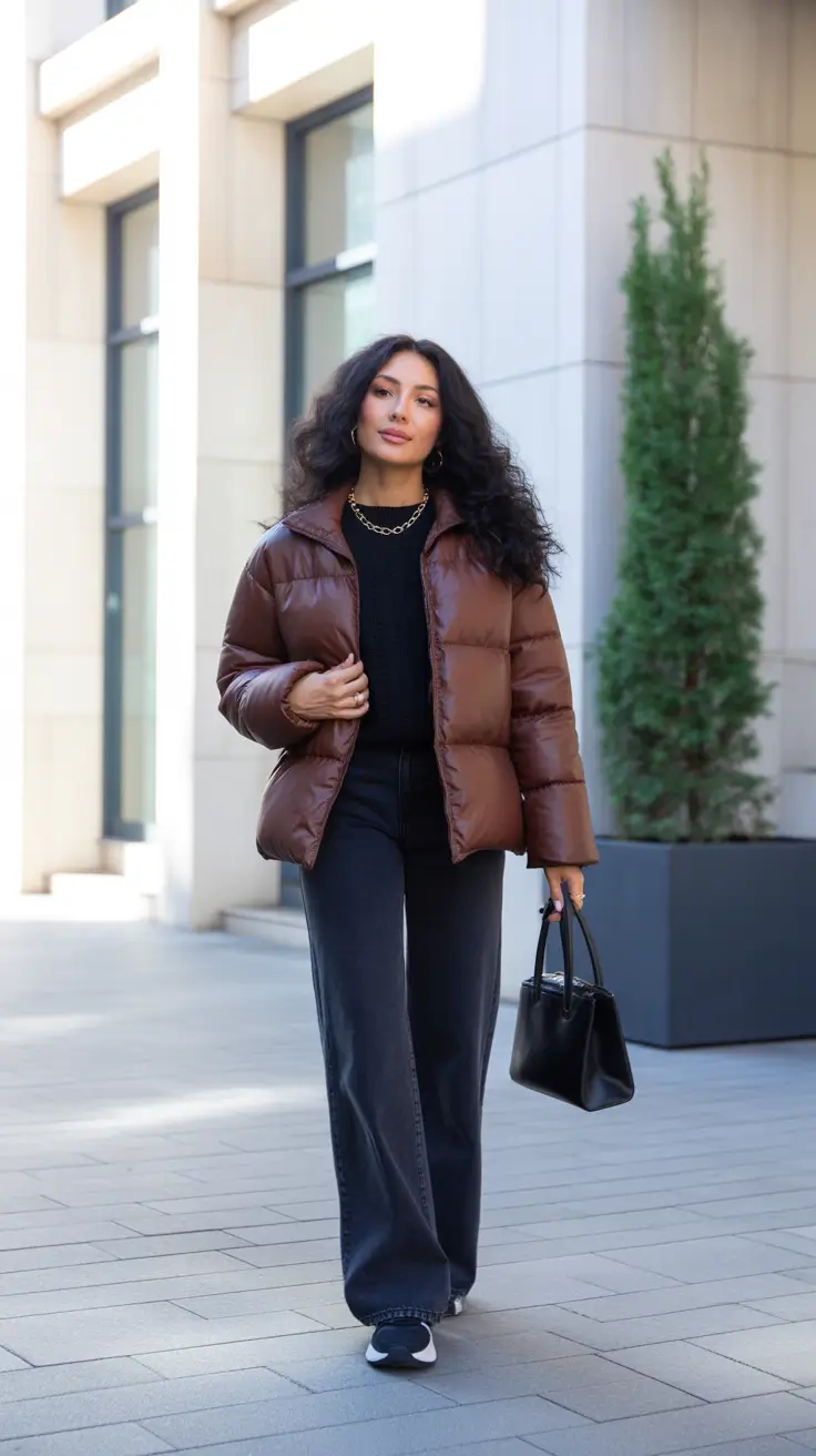 casual outfits for women 2026 - Chocolate Puffer With Dark Denim