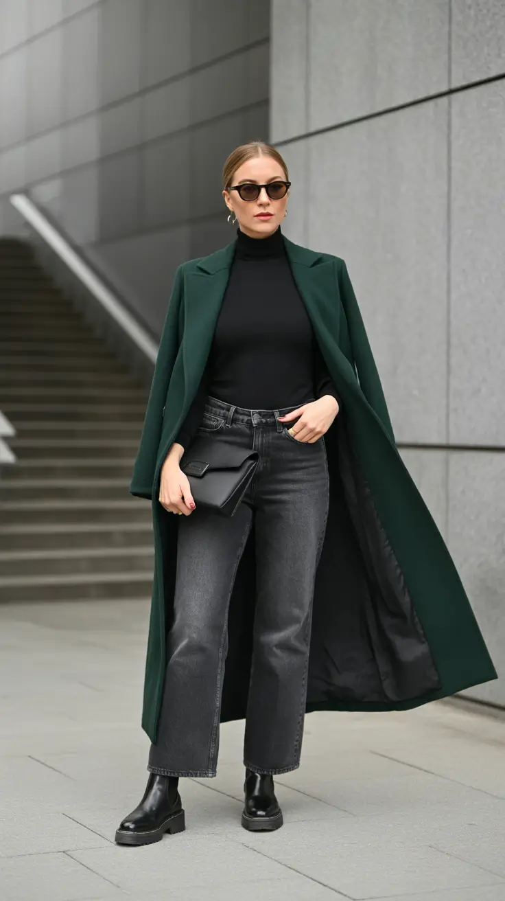 casual outfits for women 2026 - After-Hours Office - Deep-Green Coat With Black Base