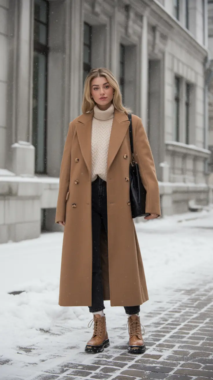 casual outfits for women 2026 - Snow-Day Polish - Camel Double-Breasted With Cable Knit