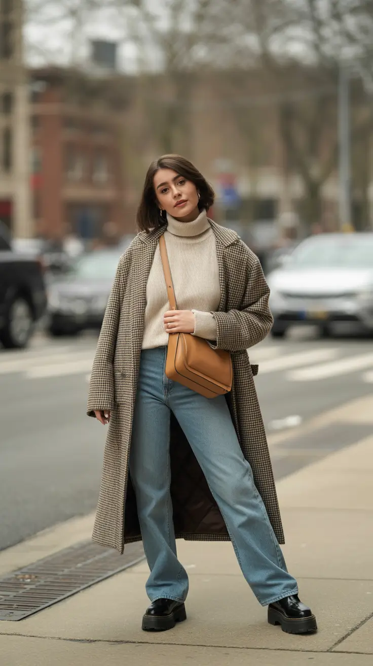 casual outfits for women 2026 - Checked Coat, Cream Knit, Light Denim