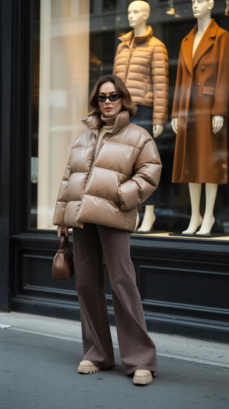 casual outfits for women 2026 - Caramel Puffer And Chocolate Flares