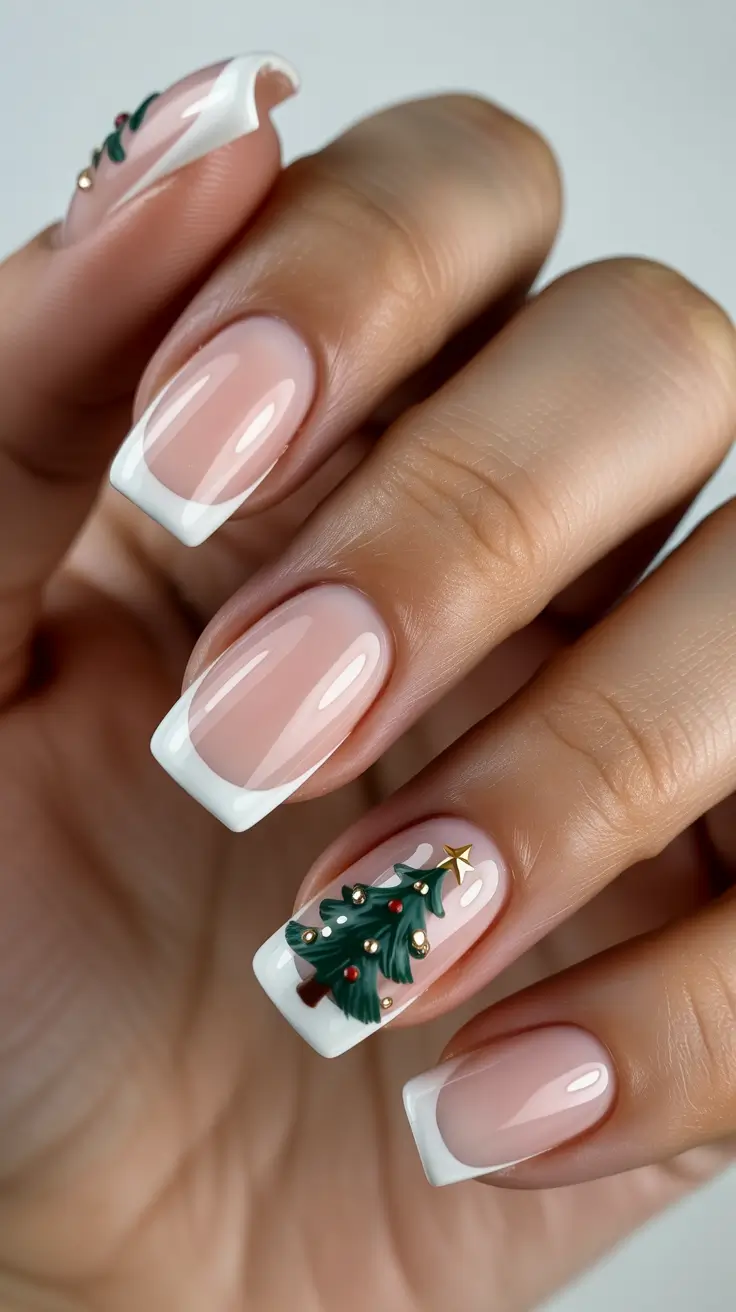Stylish Christmas French Nails 2025 - Modern French With Tiny Tree Accent