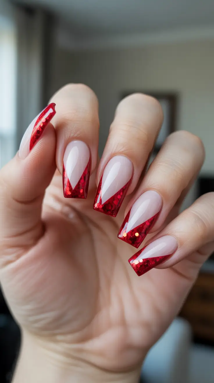 Stylish Christmas French Nails 2025 - Ruby Confetti V-French