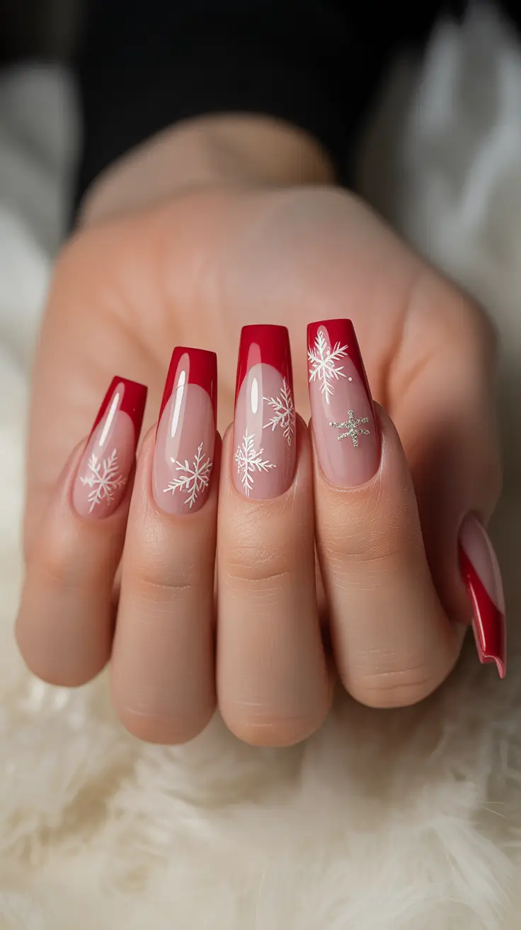 Stylish Christmas French Nails 2025 - Crimson Snowflake Square French