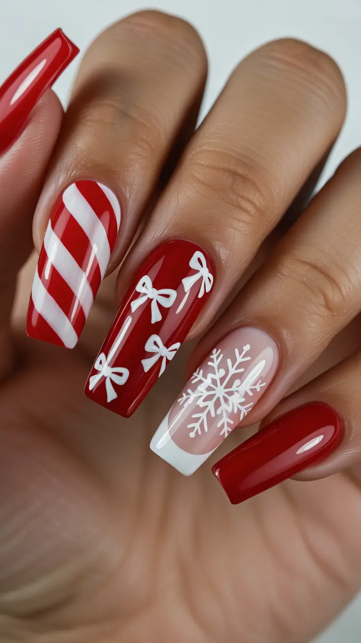 Stylish Christmas French Nails 2025 - Candy Cane & Bows Party French