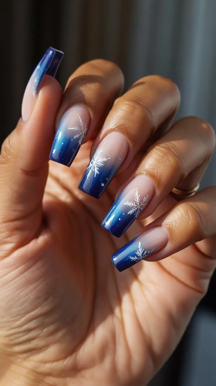 Stylish Christmas French Nails 2025 - Midnight Ombre French With Frosted Flakes
