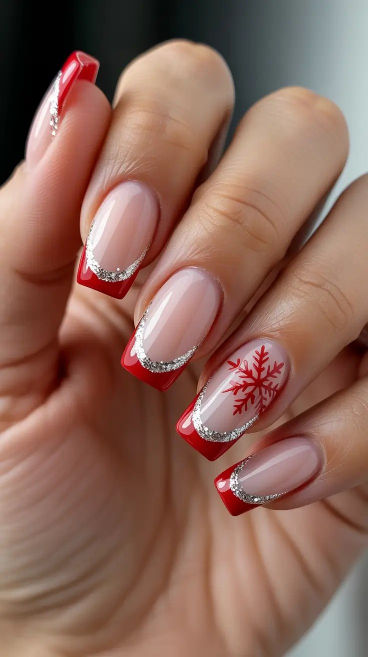Stylish Christmas French Nails 2025 - Red French With Silver Sparkle Arc
