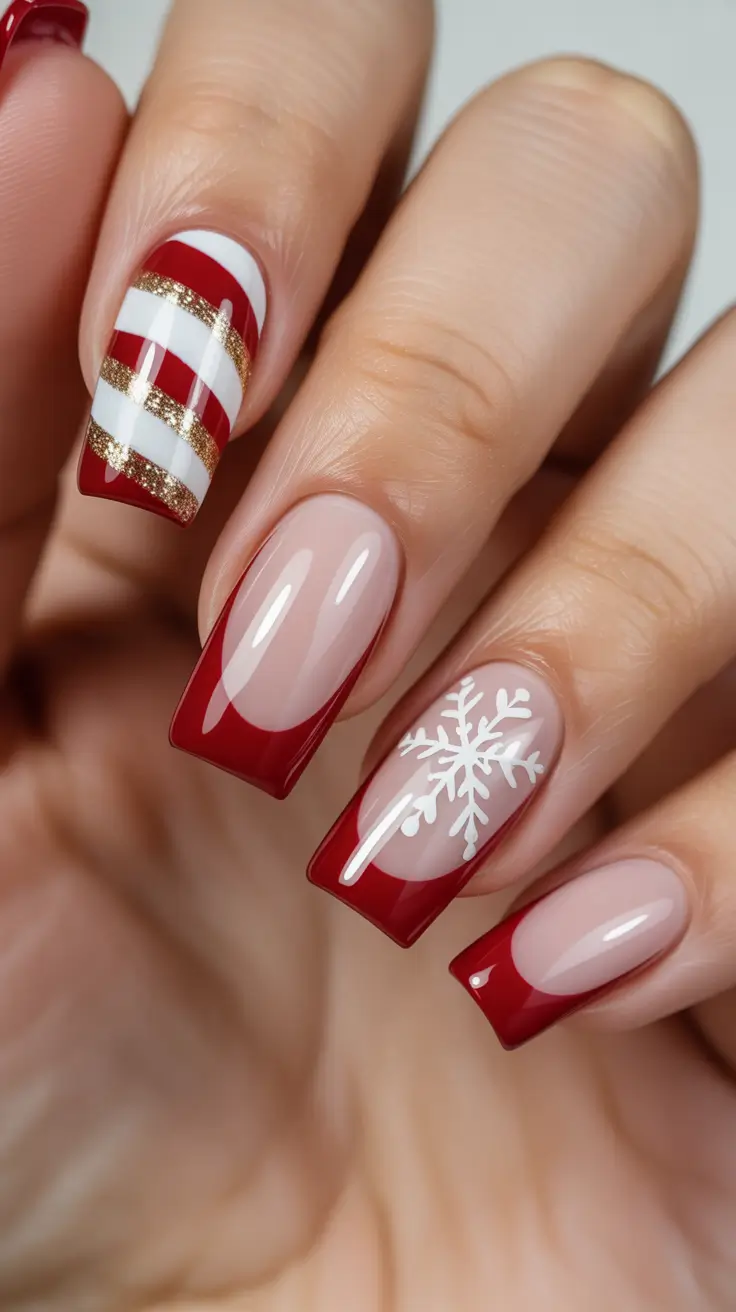 Stylish Christmas French Nails 2025 - Classic Candy Stripe French With Snowflake Accent