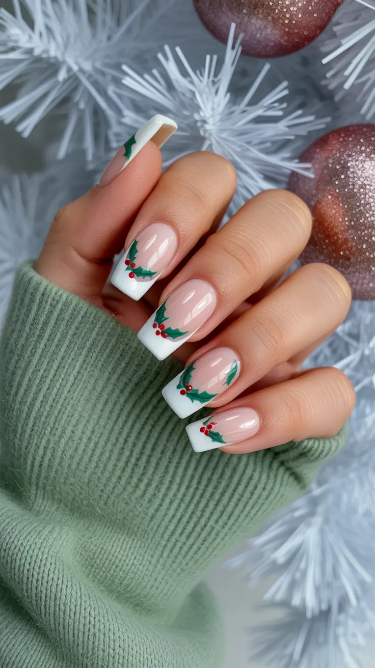Stylish Christmas French Nails 2025 - Holly-Trimmed Classic French on Short Square Tips