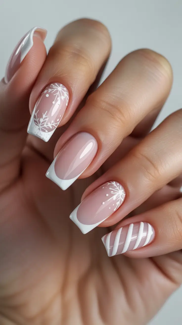 Stylish Christmas French Nails 2025 - Snowy White French with Candy-Stripe Accent