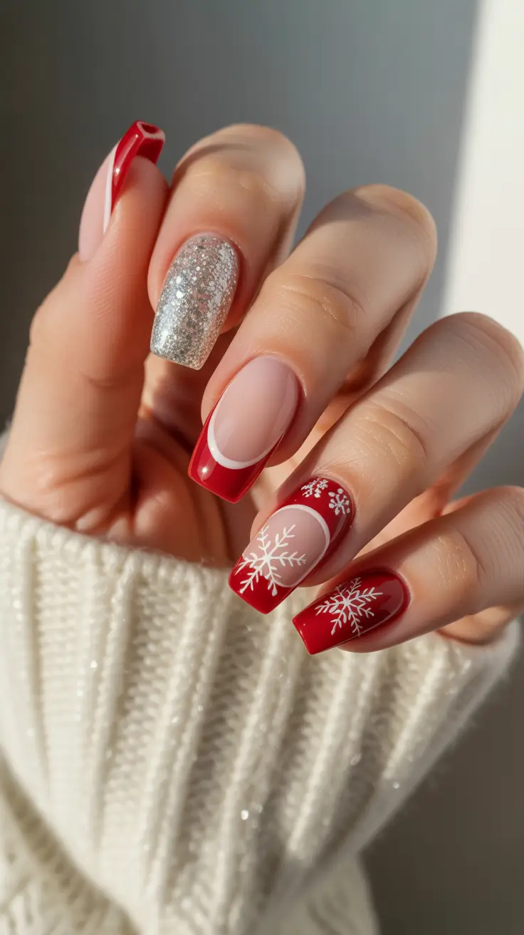 Stylish Christmas French Nails 2025 - Glistening Red French with Silver Accent and Snowflakes