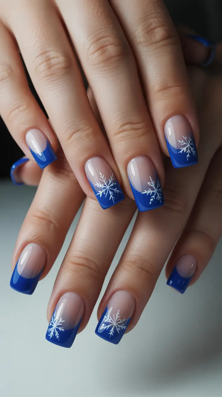 Stylish Christmas French Nails 2025 - Cobalt Snowflake French on Clean Square
