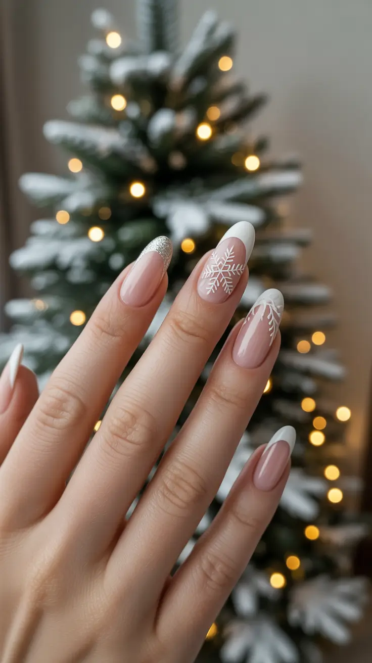 Stylish Christmas French Nails 2025 - Almond French with Frost-Tipped Sparkle