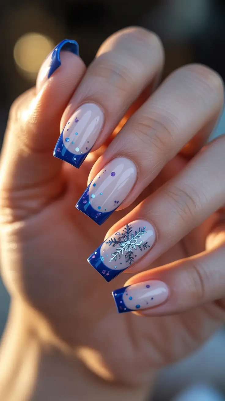 Stylish Christmas French Nails 2025 - Blue Confetti French with Metallic Snowflake