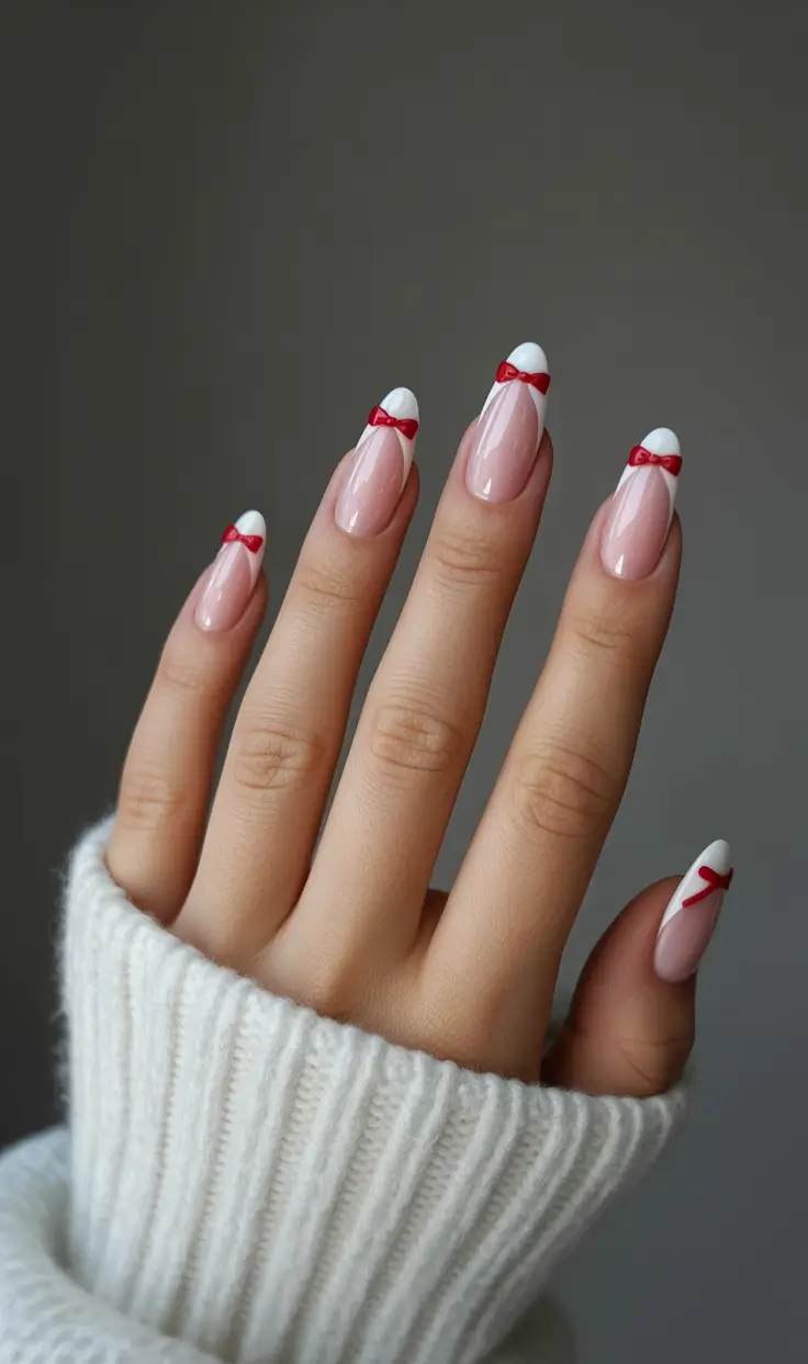 Stylish Christmas French Nails 2025 - Gift-Bow Almond French in White and Red