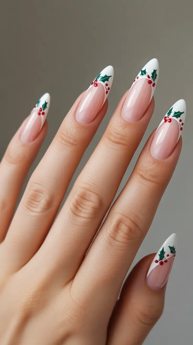 Stylish Christmas French Nails 2025 - Holly-Trim Almond French