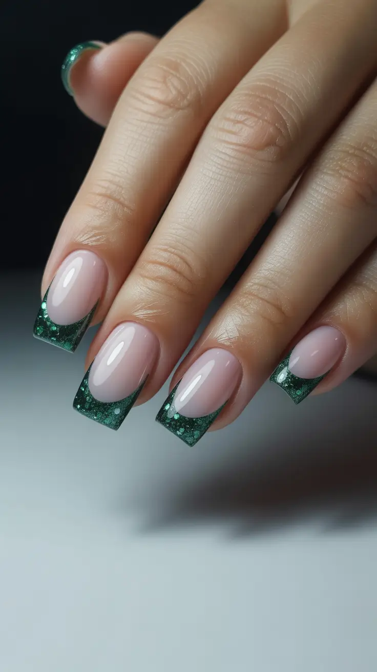 Stylish Christmas French Nails 2025 - Emerald Glitter Square French