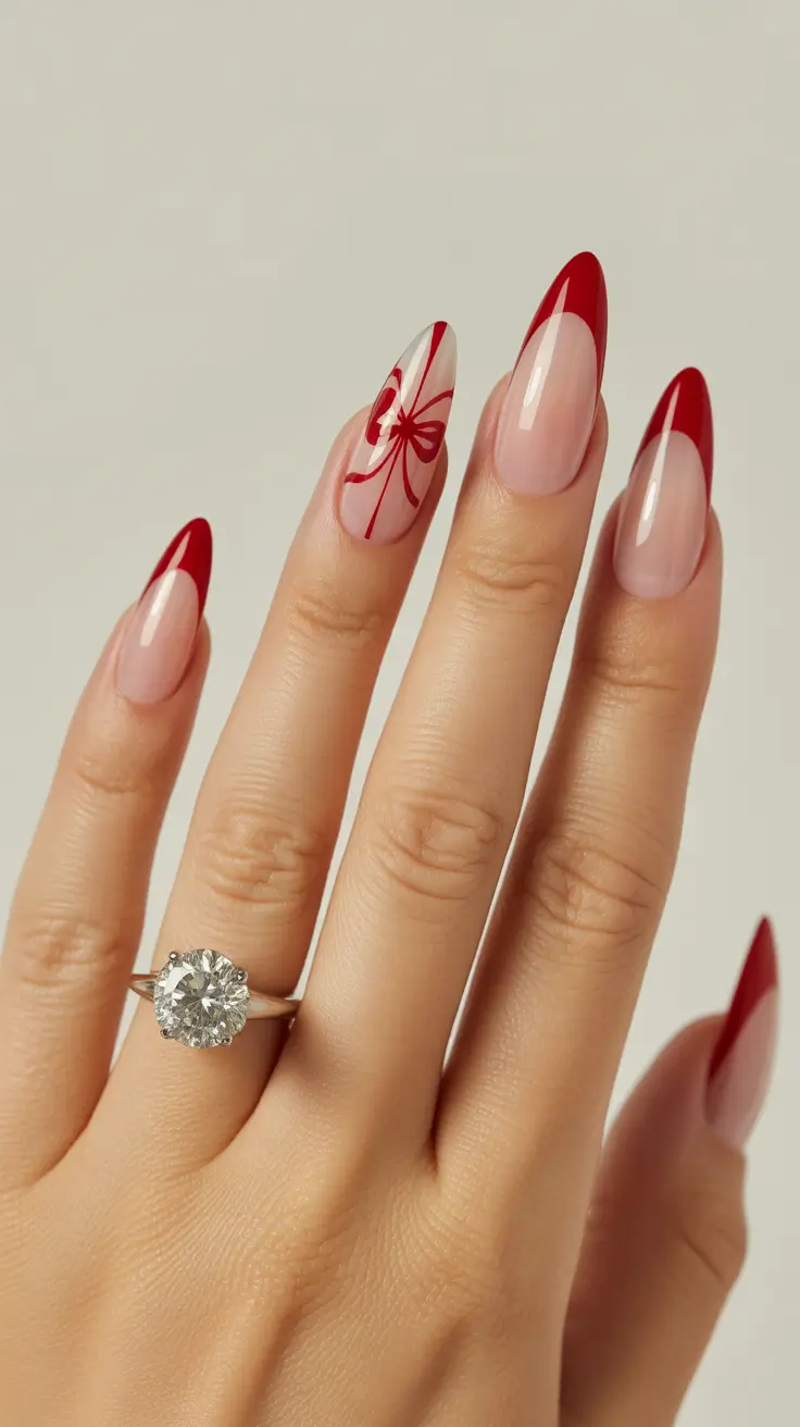 Stylish Christmas French Nails 2025 - Ribbon-Red Almond French With Bow