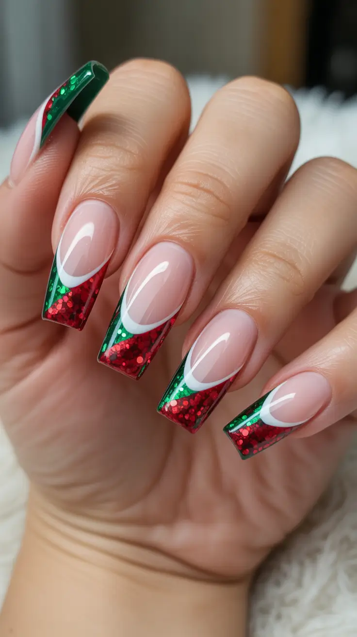 Stylish Christmas French Nails 2025 - Candy-Glitz Diagonal French on Square Tips