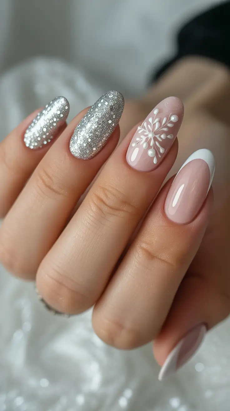 Stylish Christmas French Nails 2025 - Snowflake Sparkle Almond French