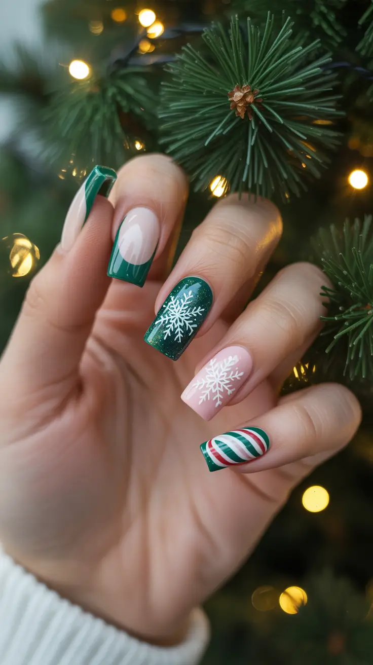 Stylish Christmas French Nails 2025 - Evergreen French with Candy-Stripe Accents