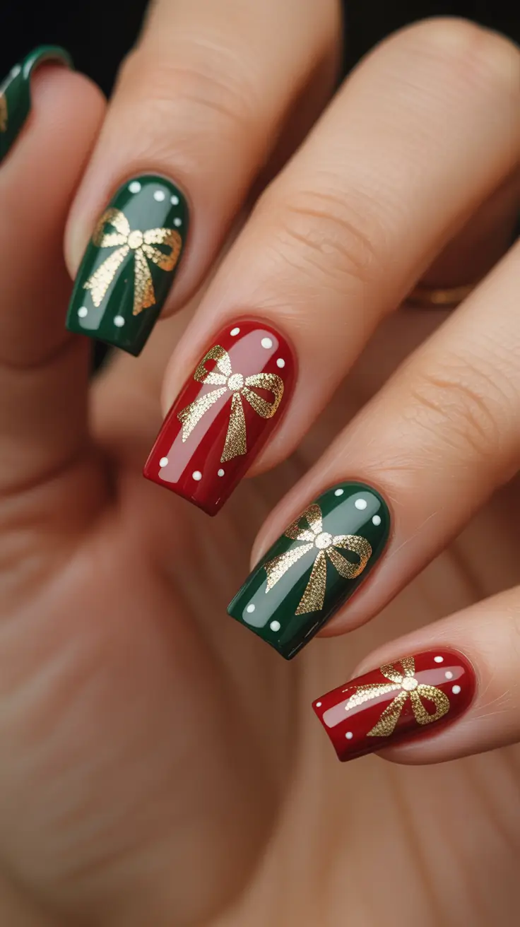 Best Gel Nails Christmas 2025 - Gilded Gift Bows on Evergreen and Cranberry