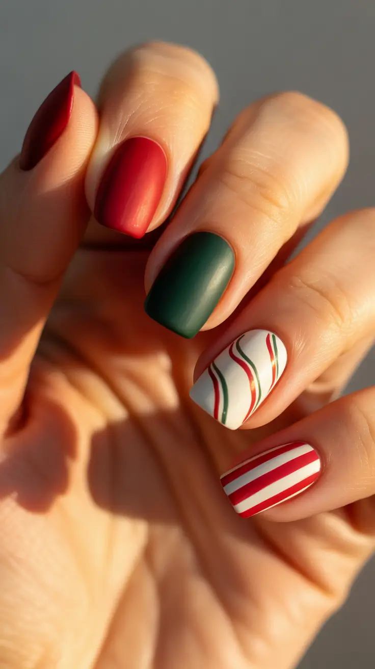 Best Gel Nails Christmas 2025 - Matte Peppermint Minimal - Stripes and Swirls