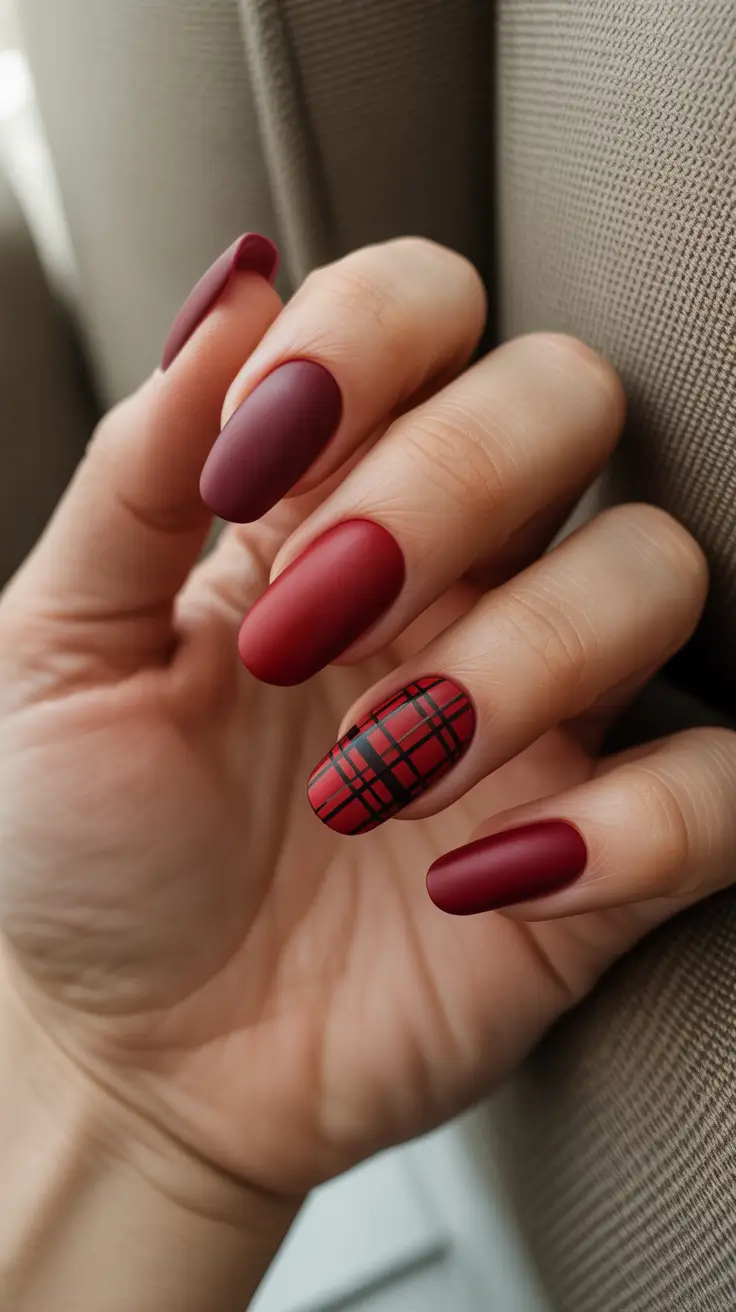 Best Gel Nails Christmas 2025 - Velvet Matte Burgundy With Tartan Accent