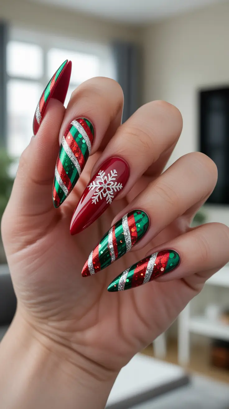 Best Gel Nails Christmas 2025 - Glitter Candy Stripes & One Snowflake
