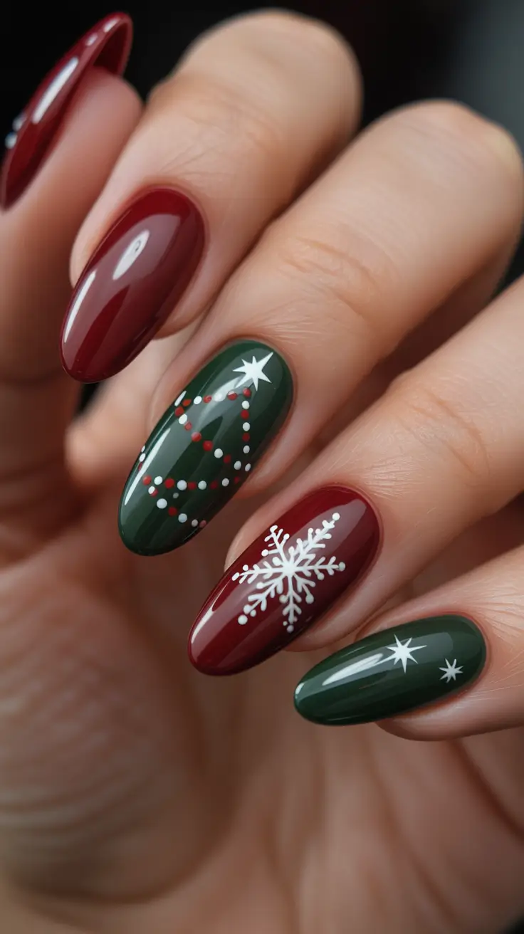 Best Gel Nails Christmas 2025 - Evergreen Garland Dots With Classic Burgundy
