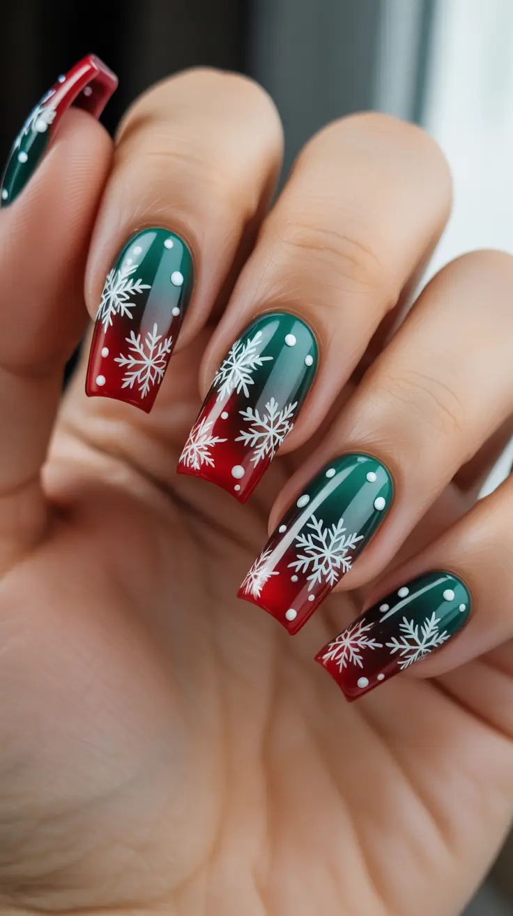 Best Gel Nails Christmas 2025 - Evergreen-Red Ombre With Snowflake Tips