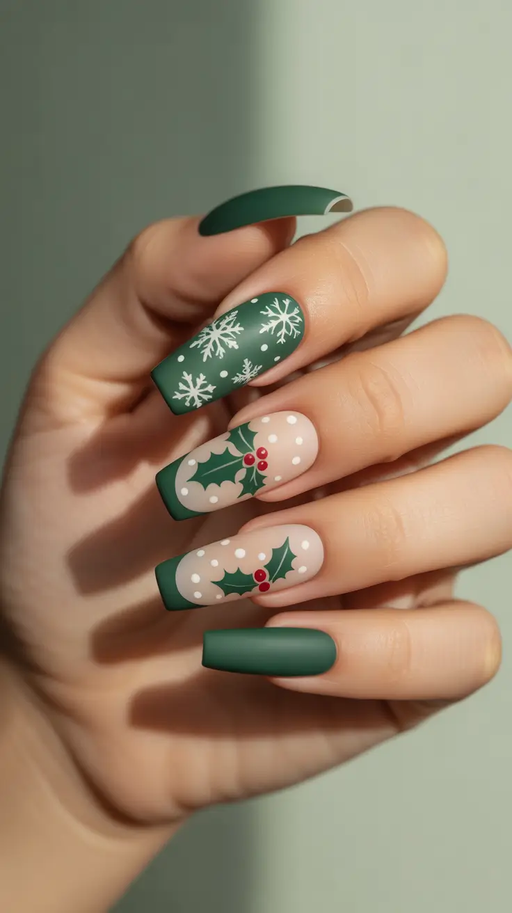 Best Gel Nails Christmas 2025 - Matte Forest Green With Holly Accents