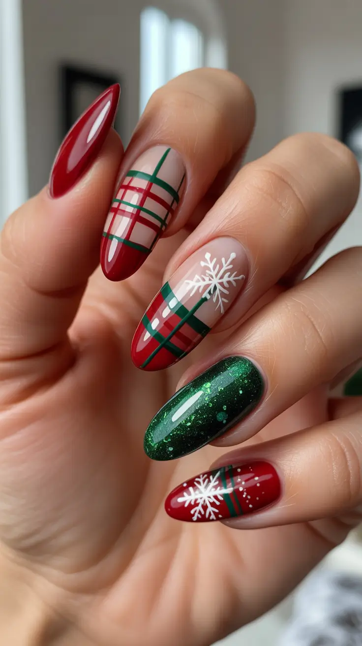 Best Gel Nails Christmas 2025 - Holiday Plaid Mix With Emerald Glitter