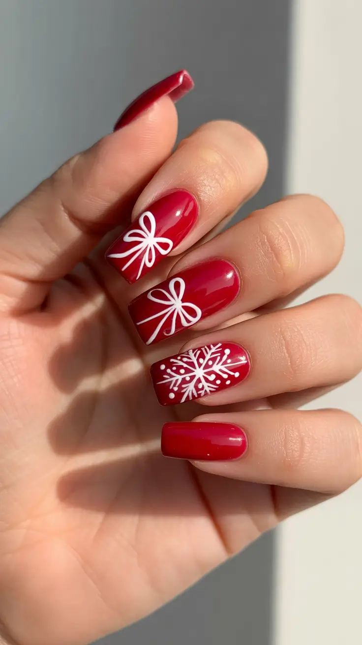 Best Gel Nails Christmas 2025 - Red Gift Wrap With Ribbon Linework