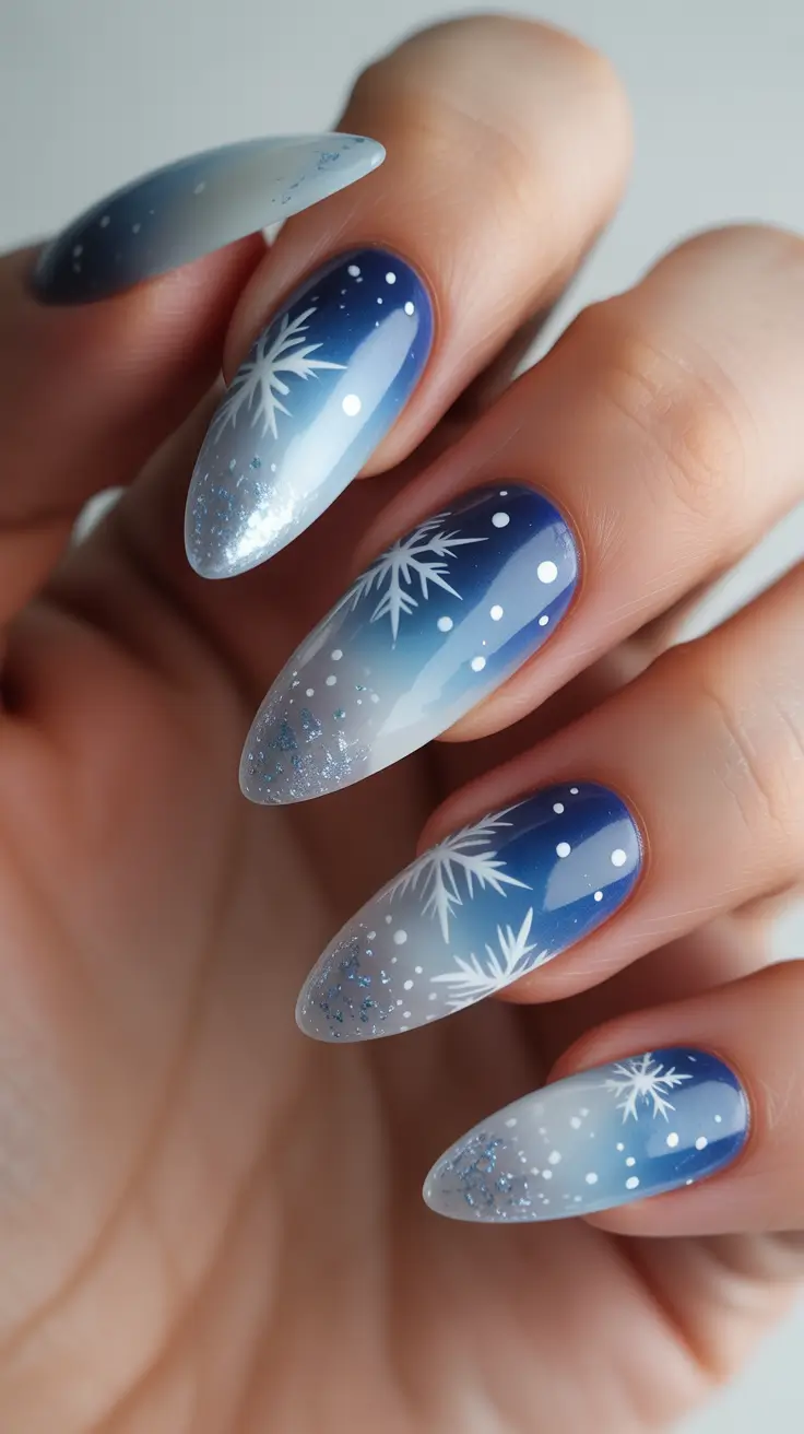 Best Gel Nails Christmas 2025 - Snowy Ombre With Falling Flakes